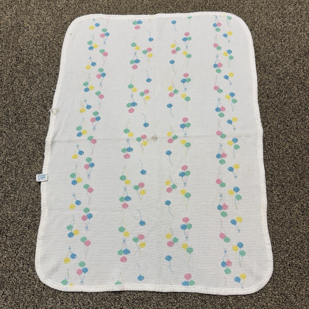 Vintage Baby Morgan BALLOONS Waffle Knit Receiving Blanket 80s Pastel Cotton USA